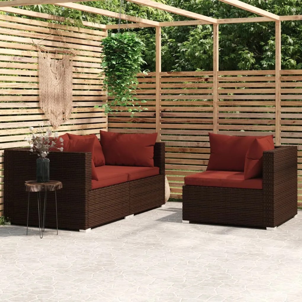 Set divani da giardino con cuscini 3 pz in polyrattan marrone