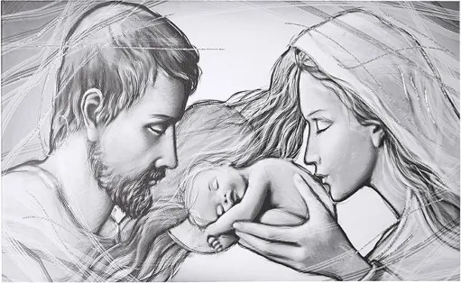 Quadro moderno in tela 65x125 cm tema Sacra Famiglia con dettagli in argento