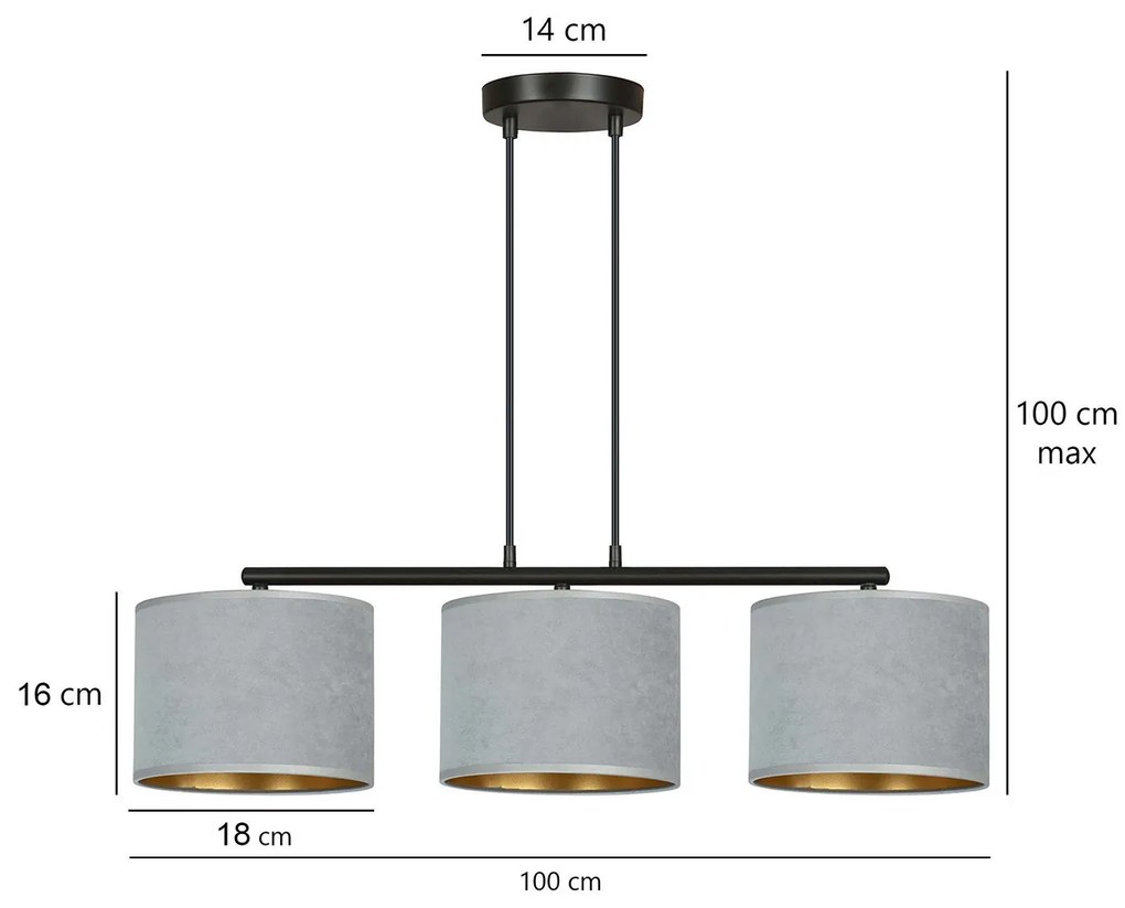 Lampadario 3 Luci Ganesha In Acciaio Nero E Paralumi In Tessuto Grigio