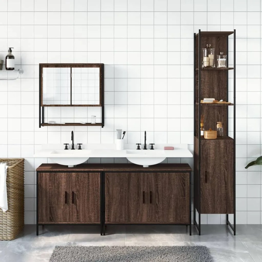 Set mobili da bagno 4 pz rovere marrone in legno multistrato