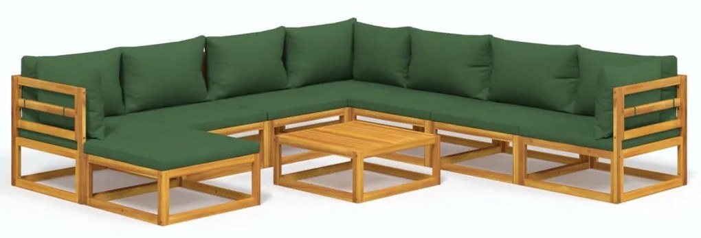 Set salotto da giardino 9pz con cuscini verdi in legno massello