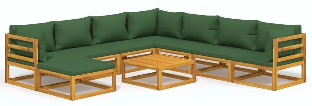 Set salotto da giardino 9pz con cuscini verdi in legno massello