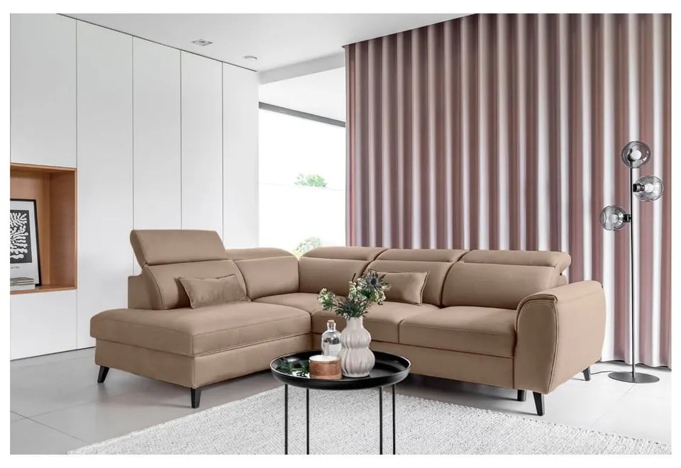 Divano angolare marrone chiaro allungabile/con contenitore (con penisola a destra/a L) e rivestimento in velluto Noble – ELTAP