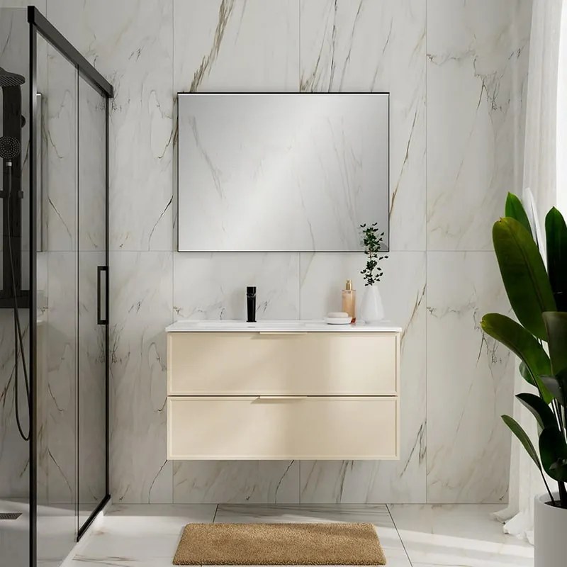 Mobile da bagno sospeso Quadra con lavabo in ceramica vasca SX base con 2 cassetti a chiusura ammortizzata (estrazione parziale), con maniglia in alluminio laccato avorio L101 H57 P46,5 cm