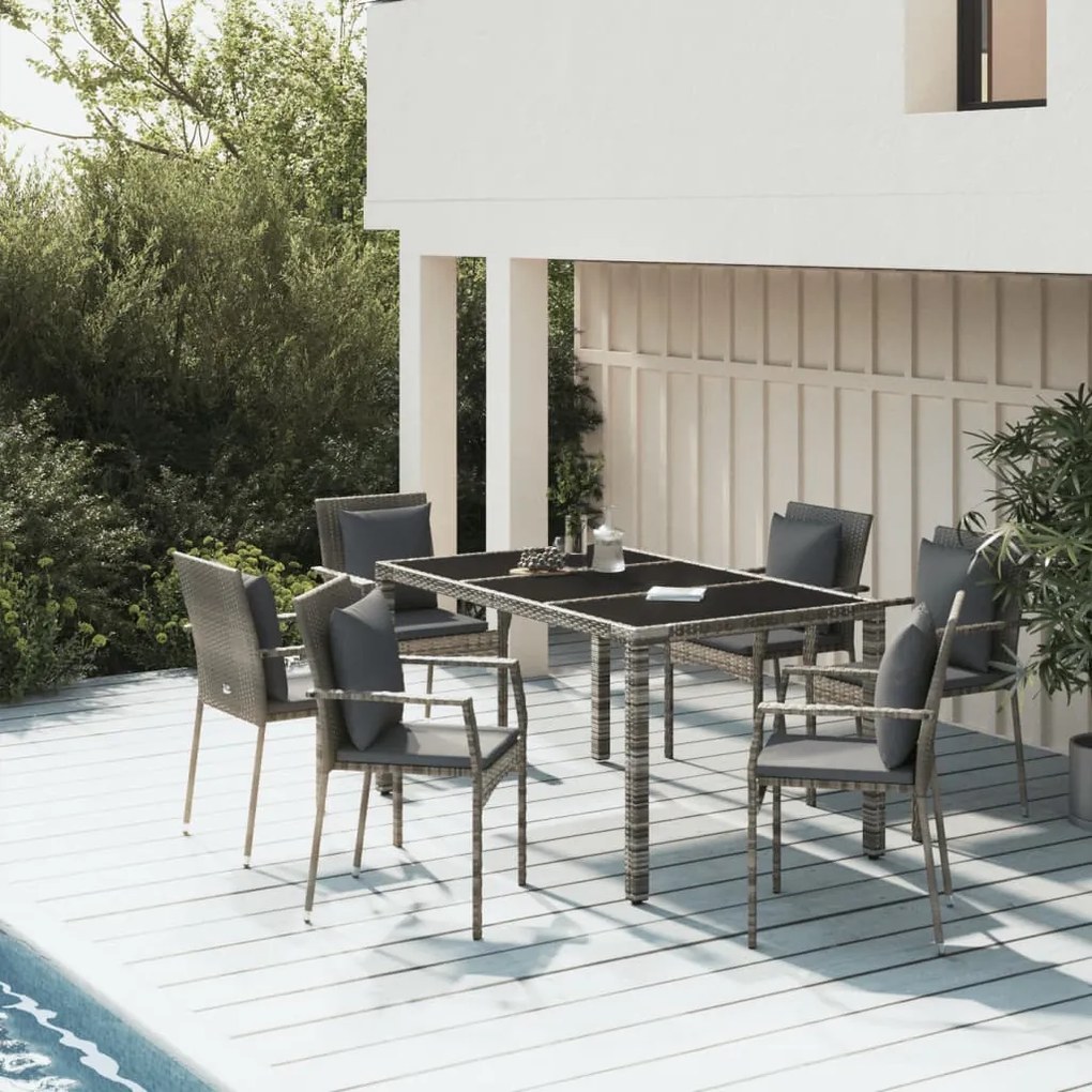 Set da pranzo da giardino 7 pz con cuscini in polyrattan grigio