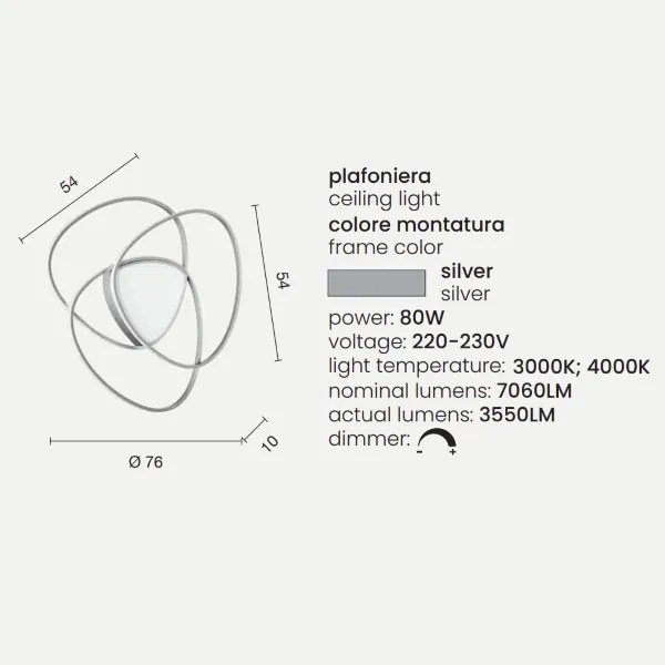 Plafoniera Led ROSE dimmerabile in metallo verniciato Argento D76 cm