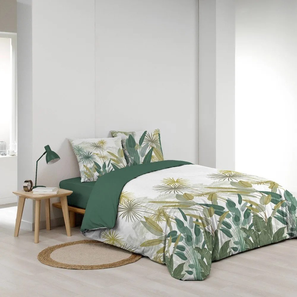 Set copripiumino e federa bianco/verde in cotone per letto matrimoniale ed esteso 240x220 cm Otika – douceur d'intérieur