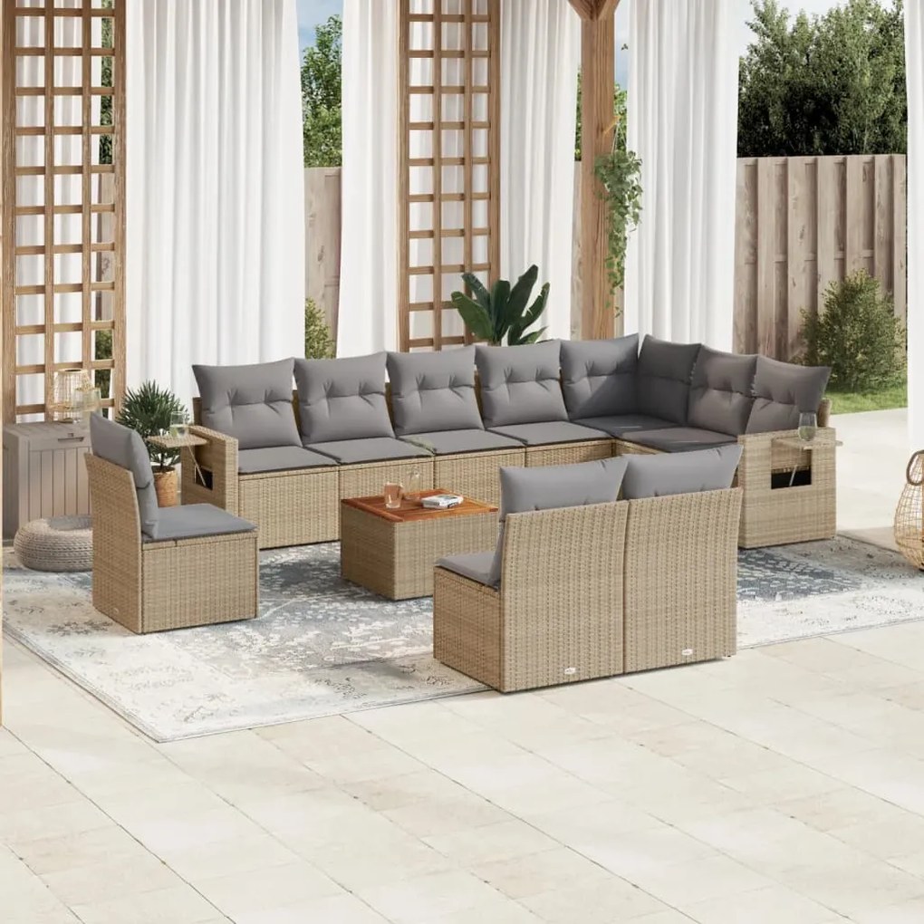 Set divani da giardino 11 pz con cuscini beige in polyrattan