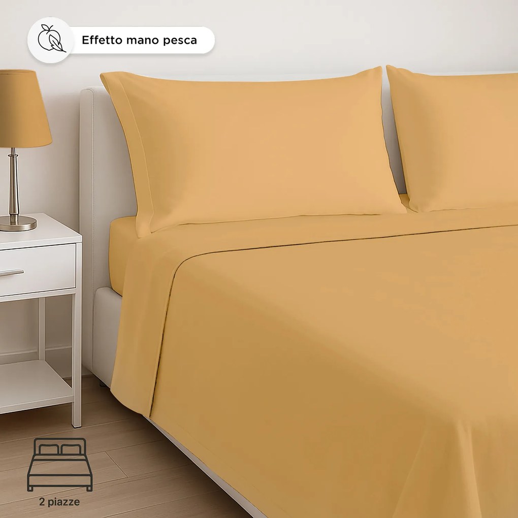 Completo letto matrimoniale in microfibra mano pesca ocra