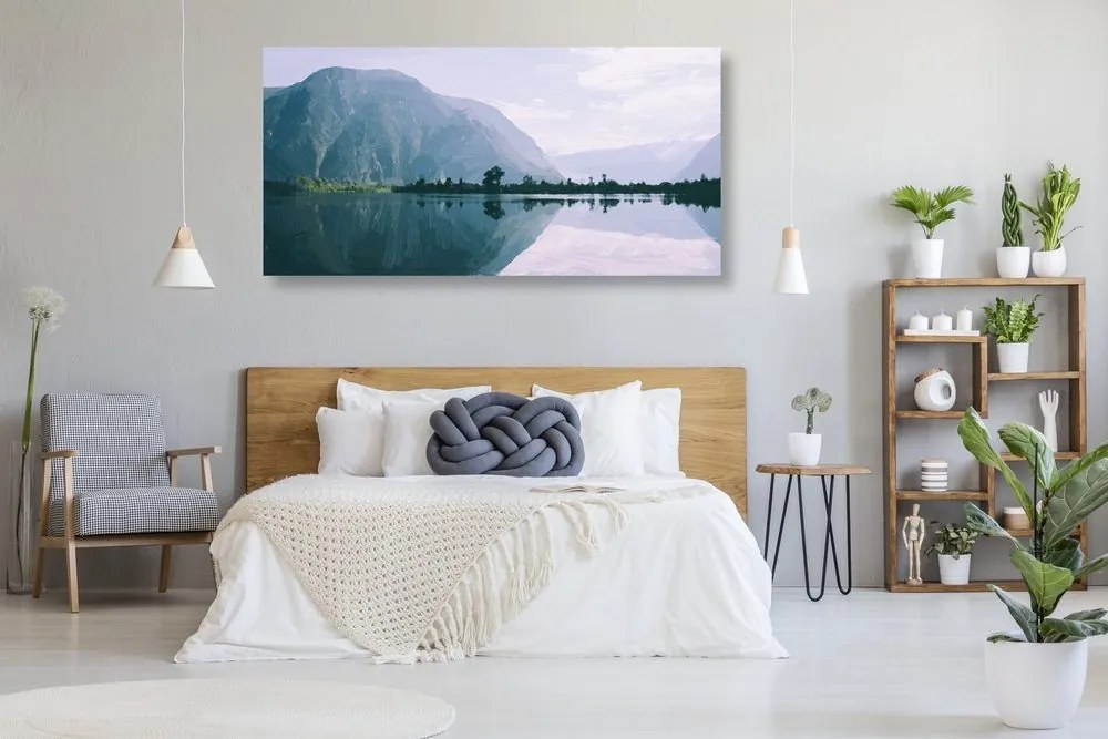 Quadro su tela – Montagne dipinte presso il lago