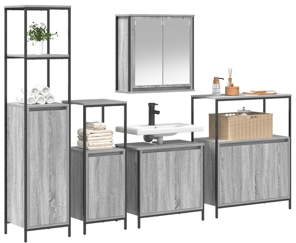 Set di mobili per bagno da 5 pezzi in legno ingegnerizzato grigio sonoma