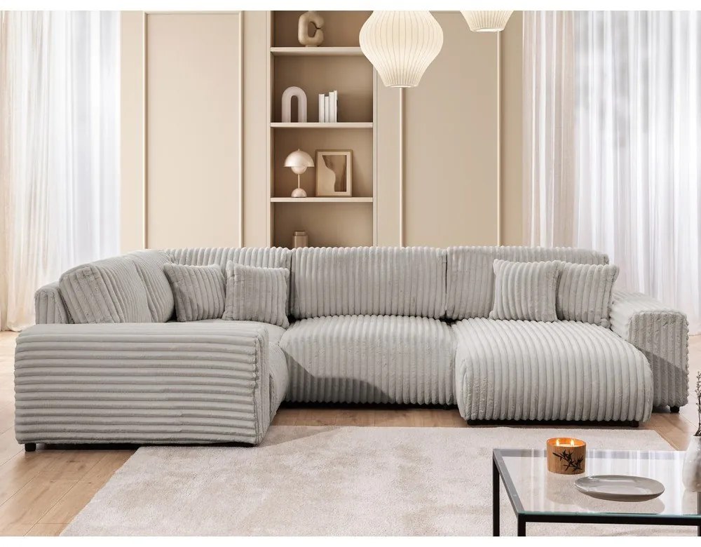 Divano angolare grigio chiaro (con penisola a sinistra/a U) rivestito in velluto a coste Justin – Ropez