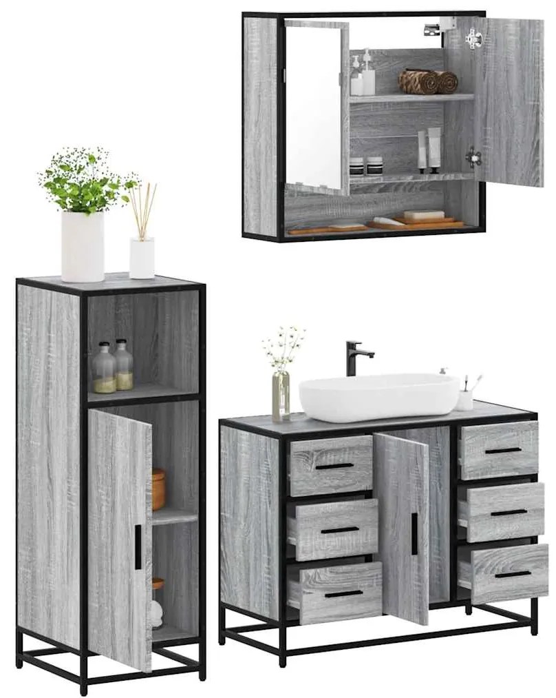 Set Mobili Da Bagno 3 Pz Grigio Sonoma İn Legno Multistrato /