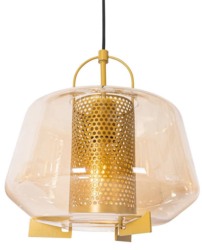 Lampada a sospensione oro con vetro ambrato 30 cm oblunga 3 luci - Kevin