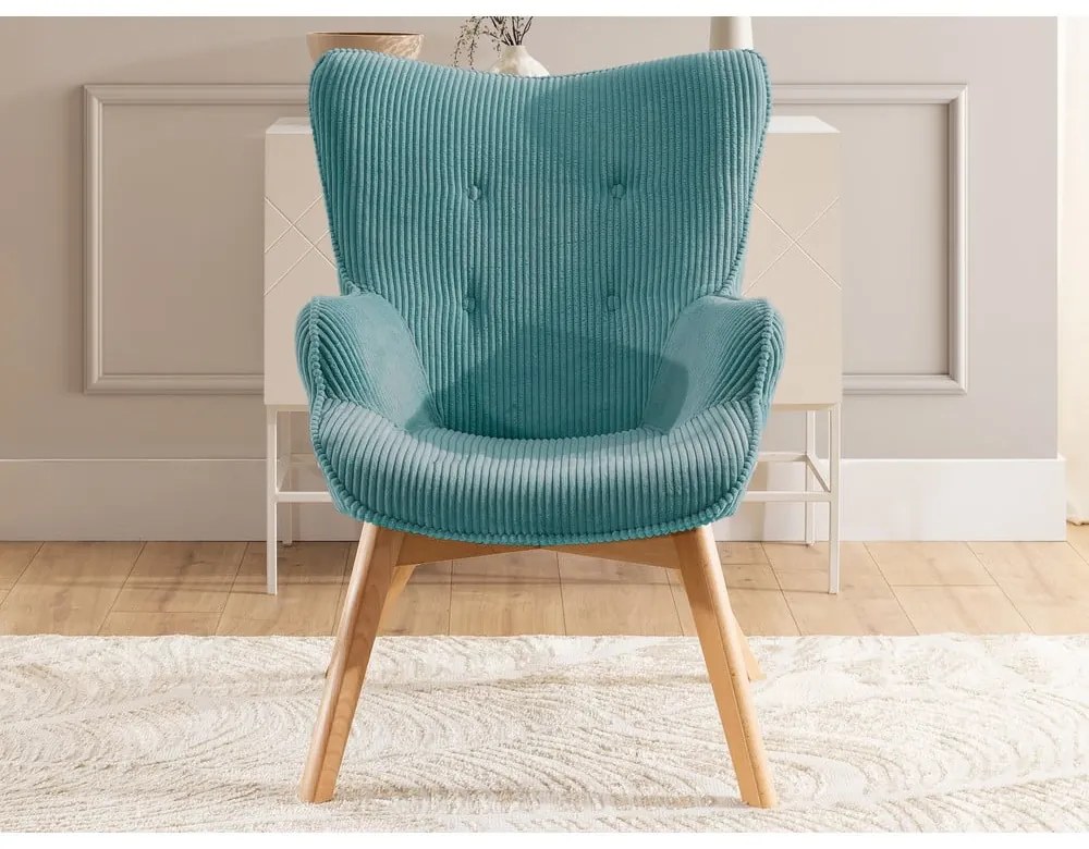 Poltrona turchese con rivestimento in velluto a coste Niko – Ropez