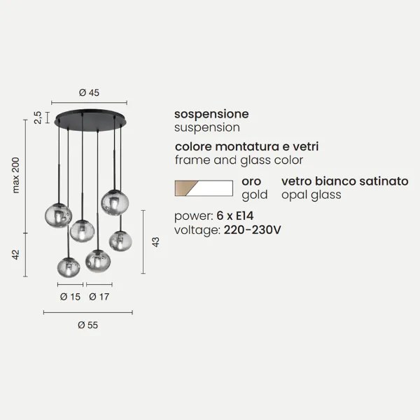 Lampada a sospensione JEWEL in metallo e vetro soffiato 55 cm 6 Luci verticale Oro