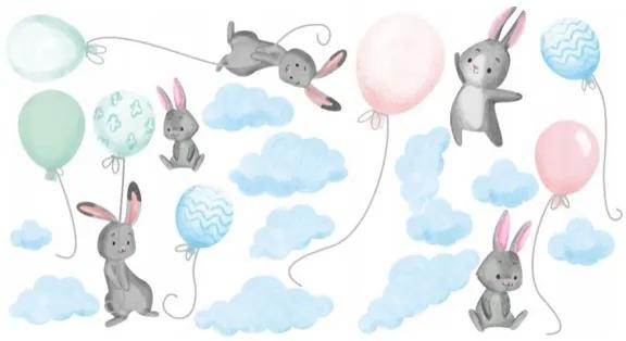 Adesivo da parete per bambini blu con conigli volanti con palloncini 80 x 160 cm