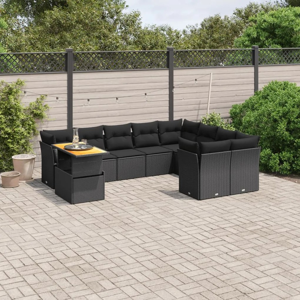Set divani da giardino 10pz con cuscini in polyrattan nero