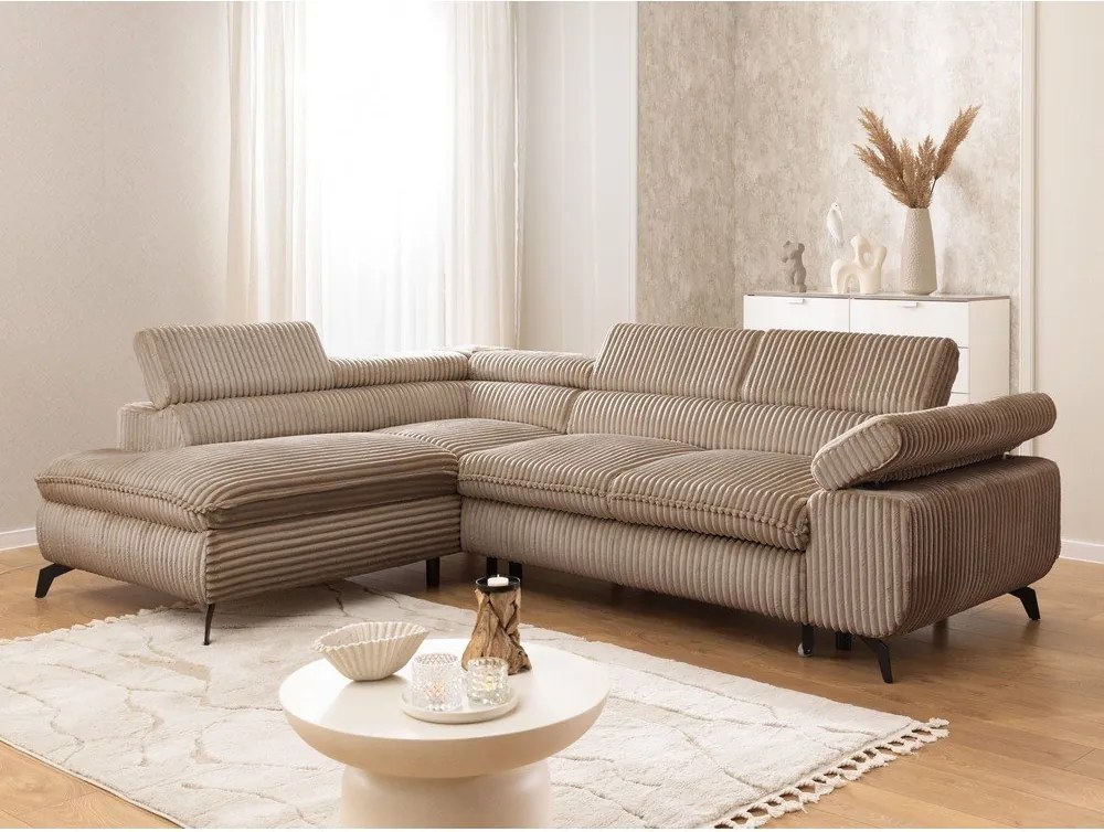 Divano angolare marrone (con penisola a sinistra/a L) con rivestimento in velluto a coste Marbeya – Ropez