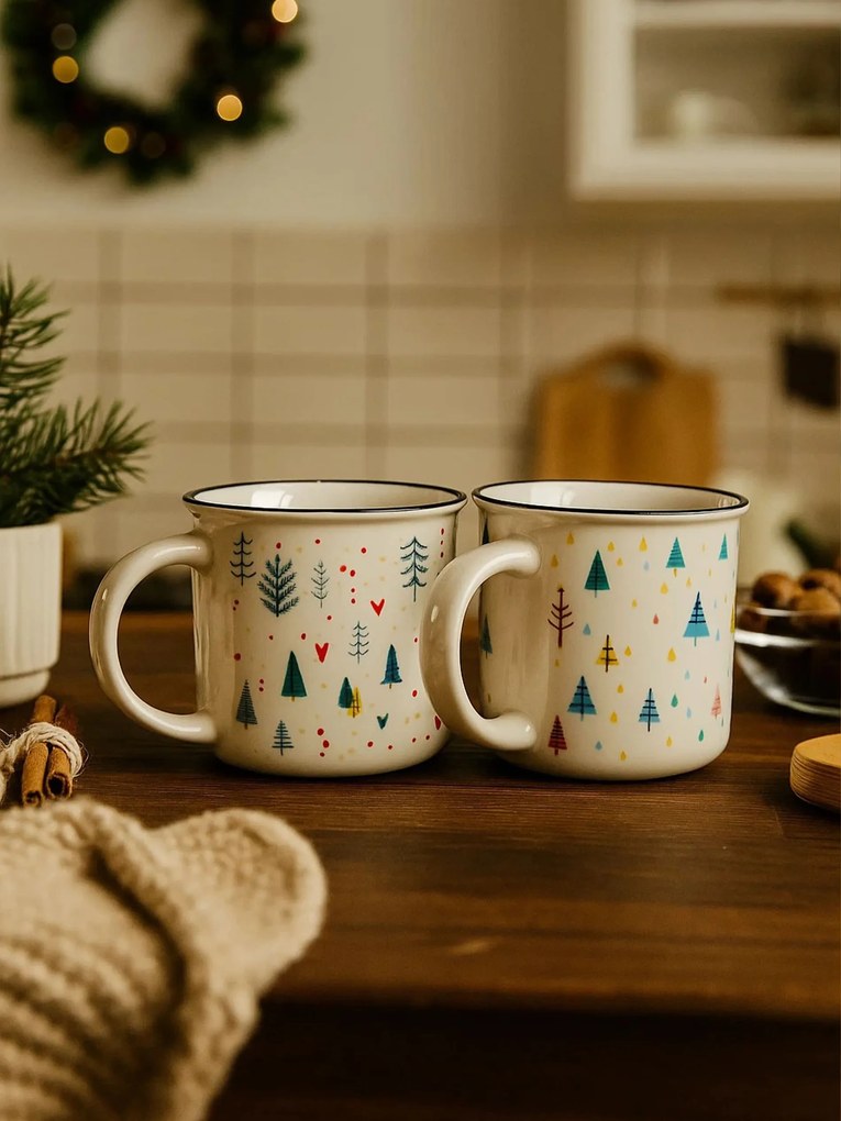 Sinsay - Set di tazze natalizie in ceramica con motivo di alberi di Natale, confezione da 2 - bianco