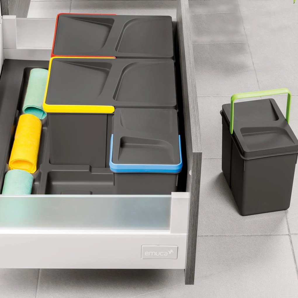 Base 3 Posti per Pattumiera Differenziata per Cassetti Cucina 80 cm in Plastica Emuca Grigio...