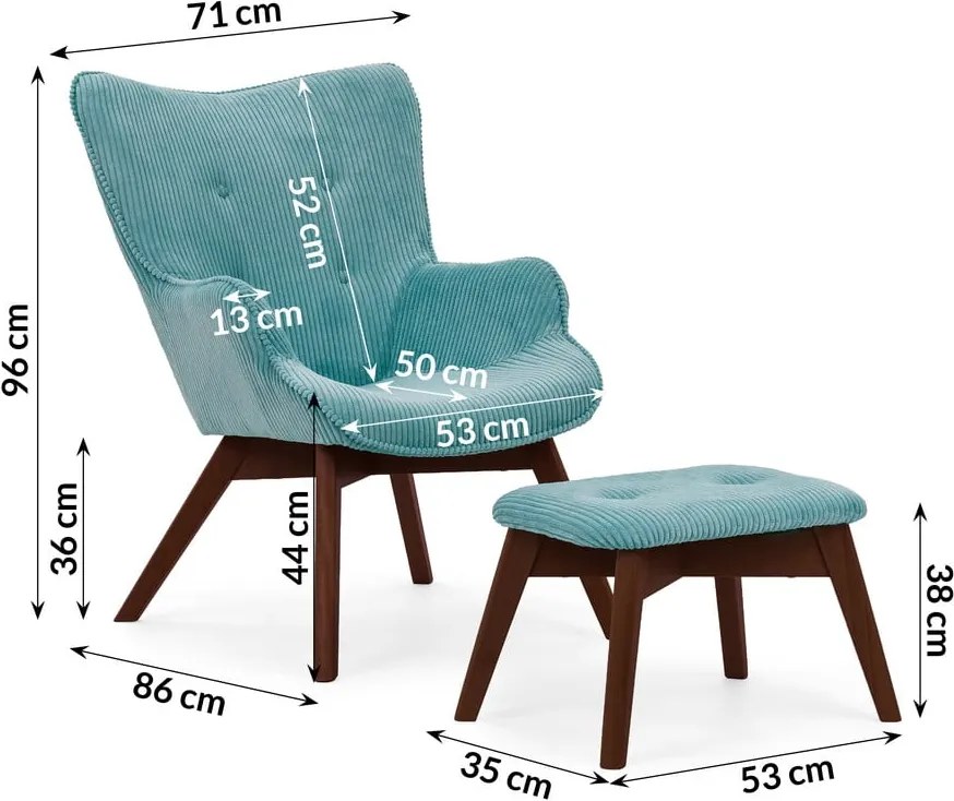 Poltrona con poggiapiedi turchese con rivestimento in velluto a coste Niko – Ropez