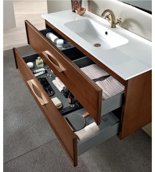 Mobile da bagno sospeso moderno base 120 CLASSIC con 2 cassetti e lavabo, NOCE CHIARO