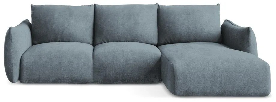 Divano angolare blu allungabile (con penisola a destra/con chaise lounge) con rivestimento in ciniglia Leila – Makamii