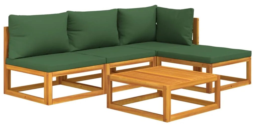 Set salotto da giardino 5pz con cuscini verdi legno massello