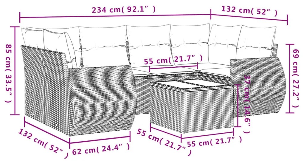 Set divani da giardino 7pz con cuscini grigio chiaro polyrattan