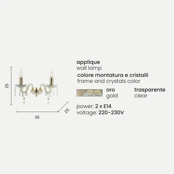 Lampada applique 35 cm in cristallo DALLAS a 2 luci ORO