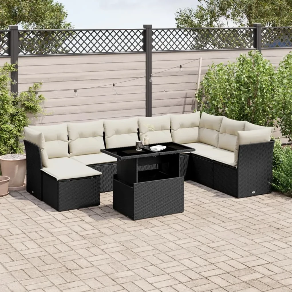 Set divani da giardino 9 pz con cuscini nero in polyrattan