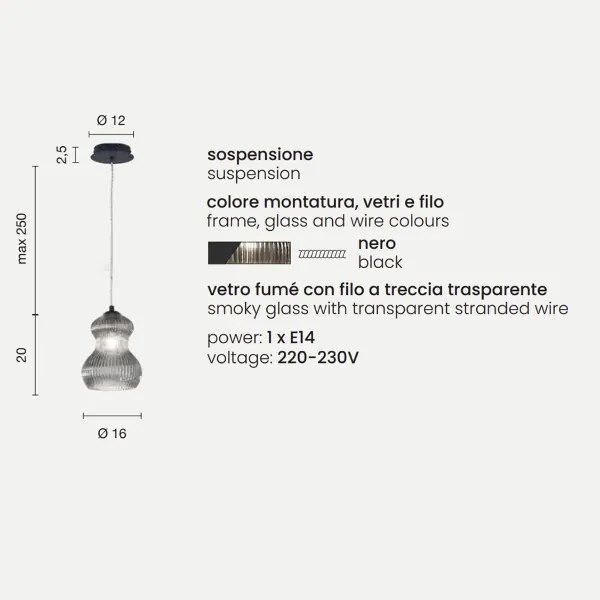 Lampada sospensione D16 cm in vetro soffiato Fumč - MADAGASCAR Mod2