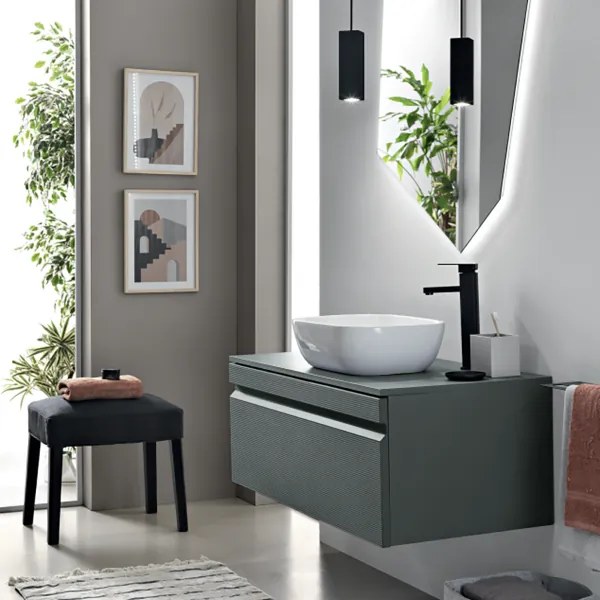 Mobile da bagno sospeso moderno con base 100 RIO con lavabo da appoggio VERDE ALGA