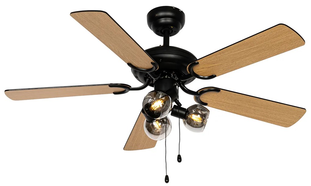 Ventilatore da soffitto nero con legno e interruttore a tirare 3 luci - Mistral Vidro