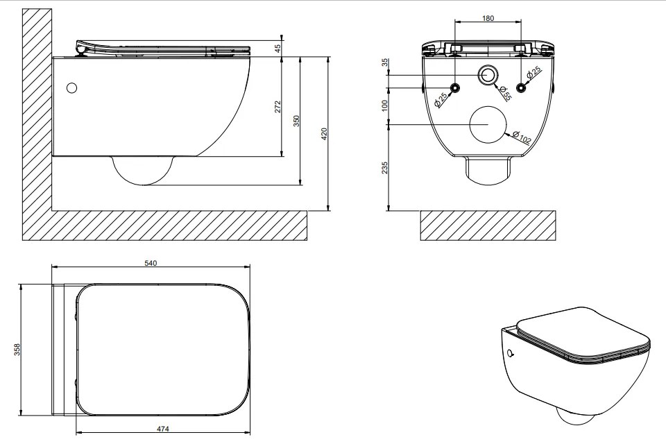 Wc sospeso senza brida 6 litri in ceramica con sedile slim e sifone integrato bianco lucido goccia 39118 gessi