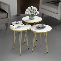 Set 'Ry' di 3 Tavolini Bassi da Salotto Tavolini in Altezze Diverse Gambe a Forcina e Piano Rotondo - Bianco / Oro