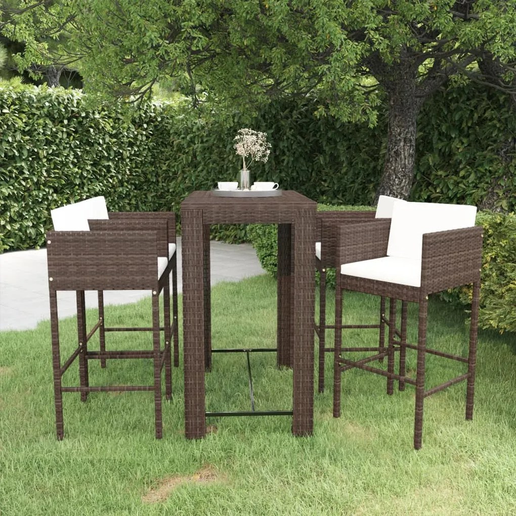 Set da bar da giardino 5 pz con cuscini in polyrattan marrone