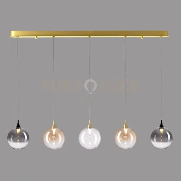 Lampada a sospensione bolla, metallo oro satinato + 5 luci in vetro...