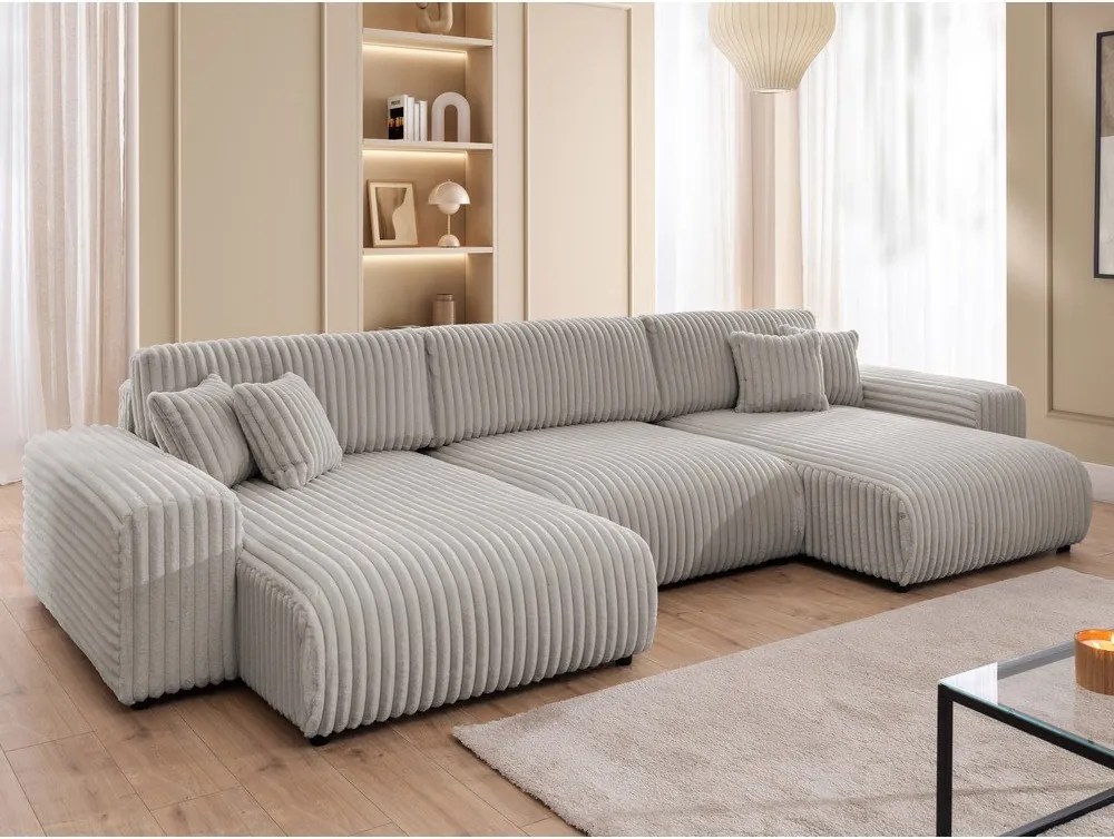 Divano angolare grigio chiaro allungabile/con contenitore (a U) rivestito in velluto a coste Sarina – Ropez