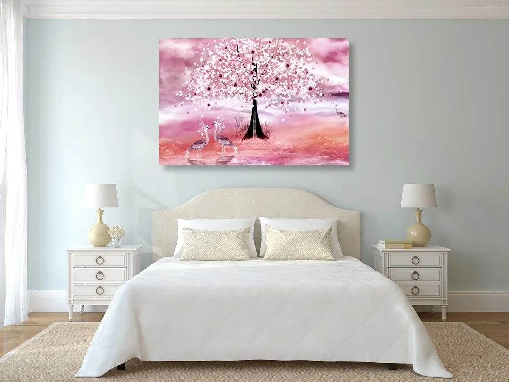 Stampa su tela – Aironi sotto un albero magico in versione rosa