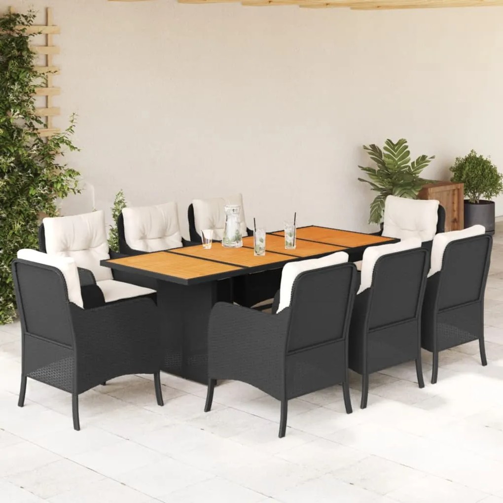 Set da pranzo da giardino 9 pz con cuscini nero in polyrattan