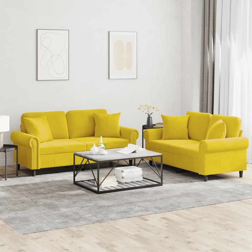 Set Di Divani 2 Pz Con Cuscini Giallo İn Velluto /