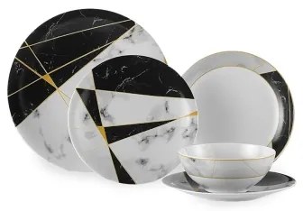 Set da tavola 24 pezzi, nero/bianco/oro, in porcellana