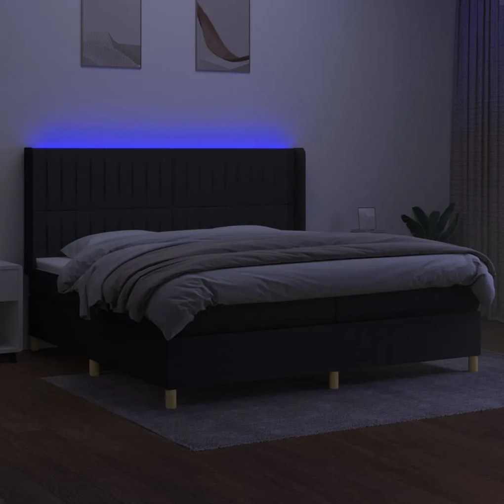 Letto a Molle Materasso e LED Nero 200x200cm in Tessuto