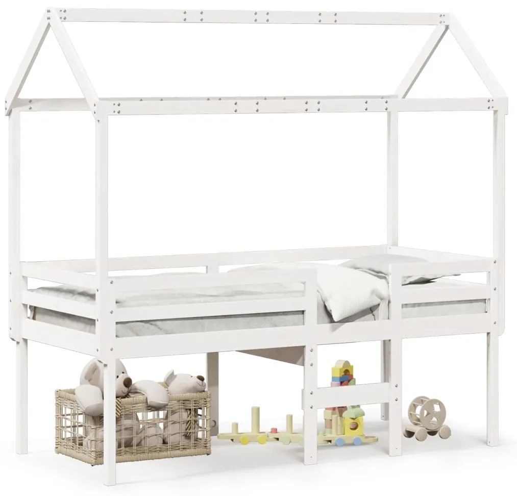 Letto A Soppalco Con Tetto Bianco 80x200 Cm İn Legno Di Pino /