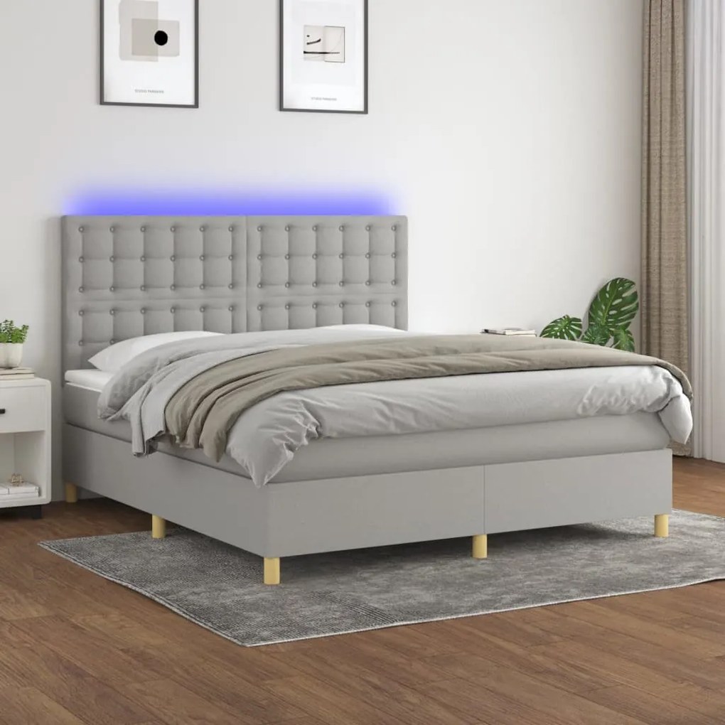 Letto a molle materasso e led grigio chiaro 180x200 cm tessuto