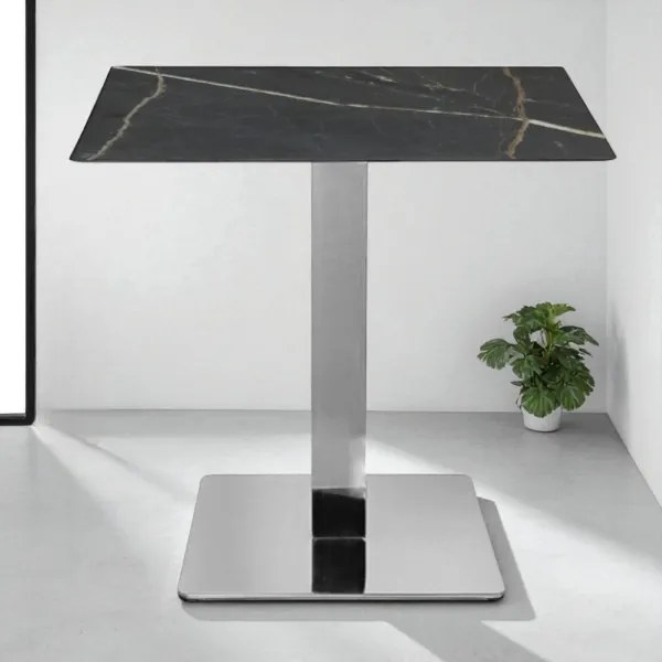 Tavolo bar pub ristorante in HPL 80x80 cm Marmo Nero per esterno base Argento H 74