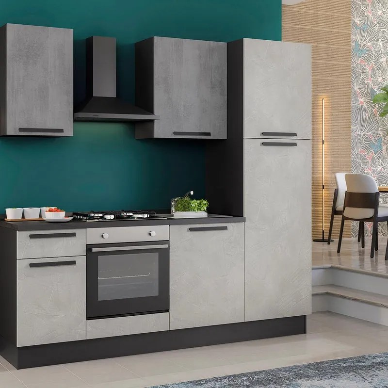 Cucina montata Dora bianco e grigio chiaro, lavello a sinistra, L 225 cm, completa di: cappa a camino, piano cottura a gas, forno e frigorifero