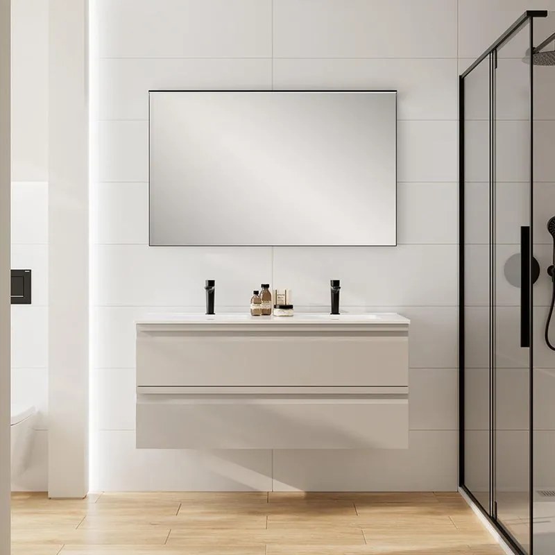 Mobile da bagno sospeso Pull taupe con lavabo in ceramica vasca doppia con 2 cassetti a chiusura ammortizzata (estrazione parziale), con maniglia in alluminio laccato avorio L121 H57 P46.5cm